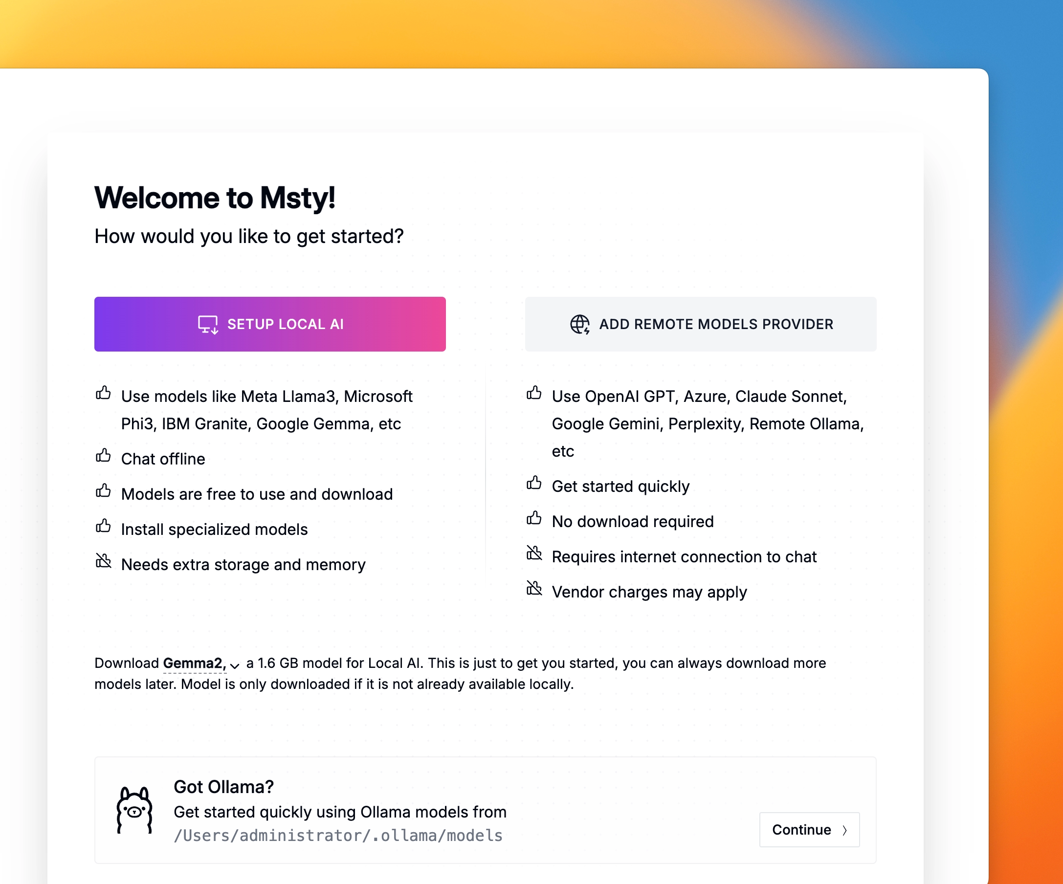 Onboarding options in Msty