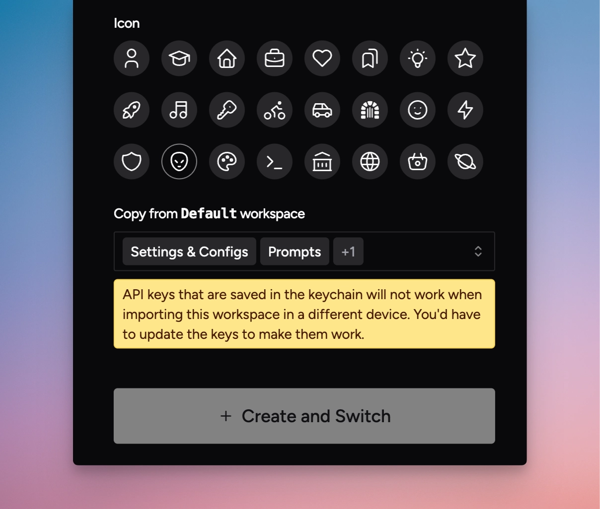 Msty warns you about API keys when creating a new Workspace